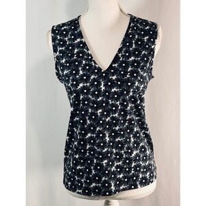 DKNY Womens Navy Blue White Floral Daisy Print V-Neck Sleeveless Blouse Top M